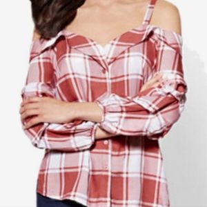 Cold shoulder button front top plaid medium